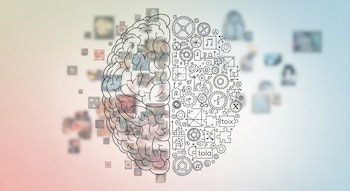 Ilustración conceptual de un cerebro humano dividido; el lado izquierdo contiene recuerdos borrosos, y el derecho, engranajes y símbolos de razonamiento sobre un fondo suave.