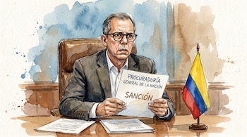 Ilustración acuarela de un hombre con gafas, vestido con traje, sentado frente a un escritorio, sosteniendo un documento con la palabra 'Sanción'. A su derecha, una bandera de Colombia.