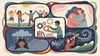 Cinco recuadros ilustrados muestran a personas celebrando, abrazándose, organizando engranajes, bajo una nube de tormenta y mirando un telescopio.
