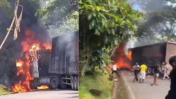 Presuntos integrantes del ELN incendian camión de cerveza y montan retén ilegal en la vía Pereira-Tadó