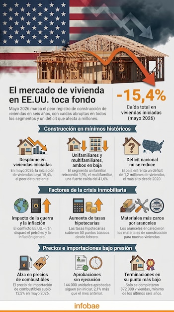 Infografía con la bandera de Estados Unidos y el armazón de una casa en construcción, atravesada por una flecha naranja descendente.