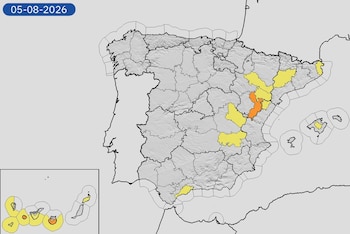 Mapa de alertas meteorológicas para este miércoles, 5 de agosto de 2026. (Aemet)