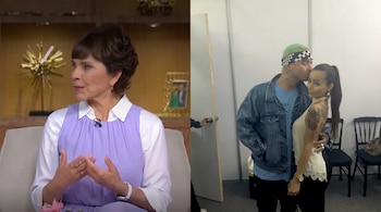 Collage de dos escenas. Izquierda: mujer sentada en sillón con micrófono, gesticulando. Derecha: hombre con bandana besa a mujer con tatuajes.