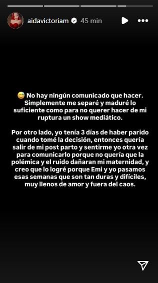 La barranquillera afirmó que tomó la decisión de separarse de Tejada, tres días después de dar a luz a su hijo - crédito @aidavictoriam/Instagram