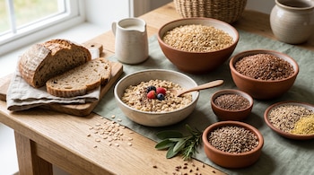 Tazones de barro con avena, arroz integral, semillas y rodajas de pan integral sobre una mesa de madera junto a una ventana.