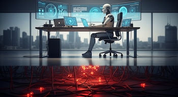 Un robot humanoide está sentado en un escritorio frente a tres monitores con gráficos de datos, con una ciudad al fondo. Debajo del escritorio, se ve una maraña de cables rojos iluminados.