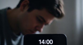 Un teléfono móvil en primer plano muestra la hora 14:00; en segundo plano, un joven con la cabeza inclinada hacia abajo, desenfocado.