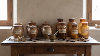 Frascos de cerámica y vidrio con etiquetas de Resina de Pino, Aceite de Oliva, Cera de Abejas y Natrón, junto a un mortero y herramientas, sobre una mesa de madera.