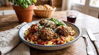 Plato hondo con pasta, albóndigas vegetarianas, salsa de tomate, queso y albahaca, junto a cubiertos, un vaso de vino y pan sobre madera.