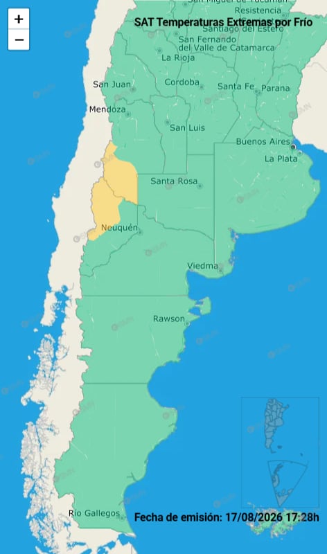 Alerta amarilla por frío extremo en Neuquén y Mendoza