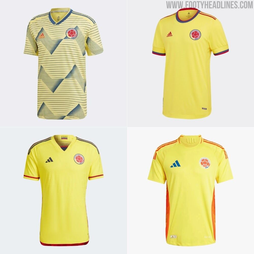 La camiseta ubicada en la parte derecha inferior, sería la que usaría Colombia en caso de ir al Mundial - crédito footyheadlines
