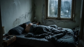 Una persona recostada de espaldas en una cama frente a una pared con manchas oscuras y una ventana con los vidrios empañados.