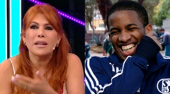 Una imagen dividida muestra a Magaly Medina hablando y gesticulando a la izquierda, y a Jefferson Farfán riendo a carcajadas a la derecha.