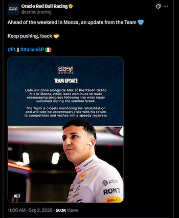 Publicación en redes sociales de Red Bull Racing con un comunicado de texto sobre sus pilotos y una fotografía del piloto Isack Hadjar
