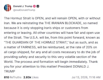 Mensaje de Donald Trump en Truth Social sobre el costo de custodiar el estrecho de Ormuz
