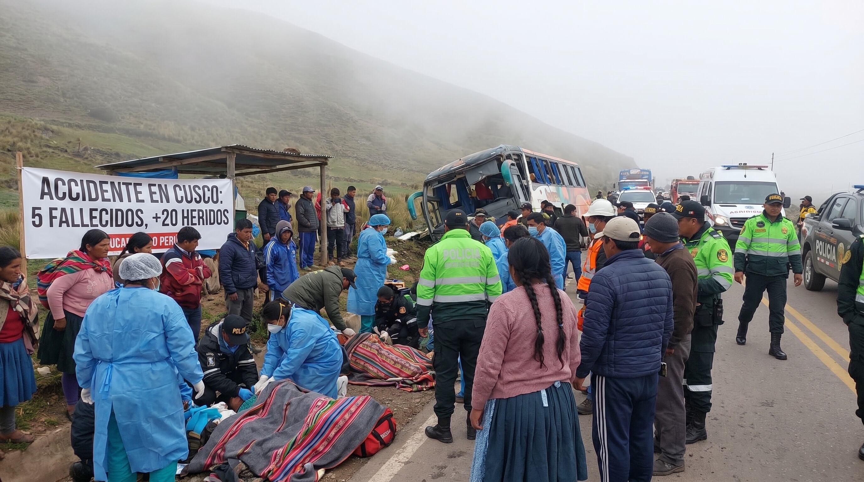 Personal de emergencia atiende a las víctimas de un trágico accidente de bus en una carretera de Cusco, que resultó en 5 fallecidos y más de 20 heridos en medio de la neblina. (Imagen Ilustrativa Infobae)