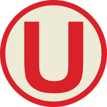 Emblema circular del Club Universitario de Deportes con una 'U' mayúscula roja en el centro, rodeada por un fondo crema y un borde exterior rojo
