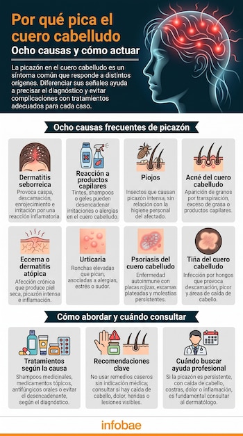 Infografía sobre picazón en el cuero cabelludo. Muestra ocho causas con iconos y texto, y tres paneles con iconos y texto sobre tratamientos y consejos.