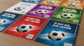 Nueve cupones rectangulares de colores varios muestran un balón de fútbol, la frase "Si hay gol, hay cupón" y un código QR en cada uno.