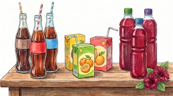 Seis botellas de vidrio con líquido oscuro y pajitas, tres cajas de jugo con pajitas, tres botellas de plástico con líquido rojo y dos flores de hibisco sobre una mesa de madera.