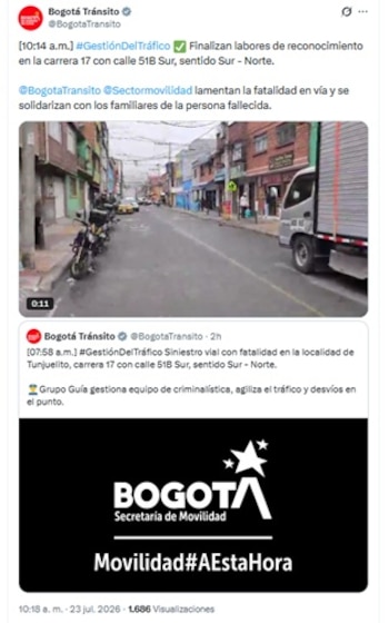 El accidente se reportó antes de las 8:00 a. m. y pasadas las 10:00 a. m. se restableció el paso vehicular en este punto del barrio San Carlos, en la localidad de Tunjuelito - crédito @BogotaTransito/X