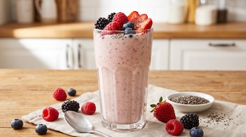 Un vaso transparente con una bebida rosada cubierta de fresas, frambuesas y semillas de chía sobre un mantel de tela.