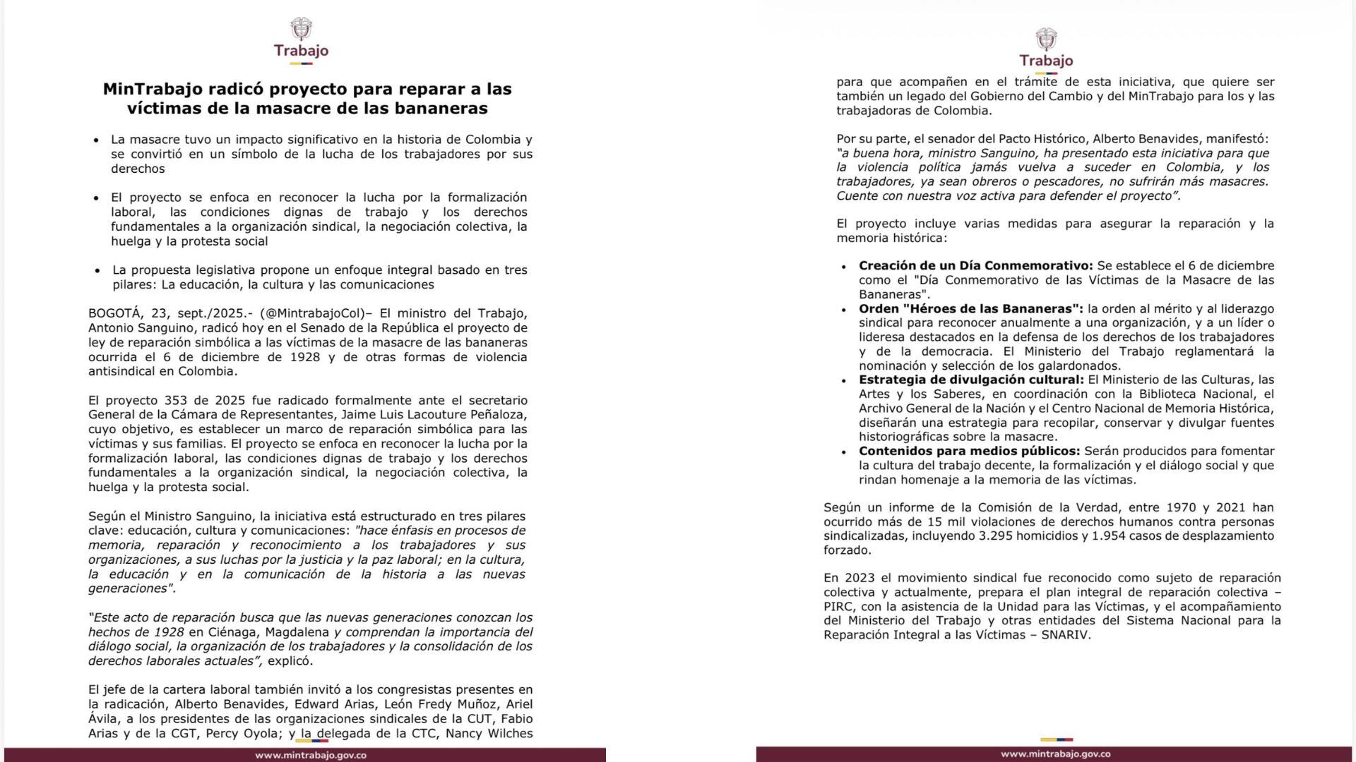 El Ministerio del Trabajo busca una reparación integral para las víctimas de la masacre de las bananeras - crédito Ministerio del Trabajo