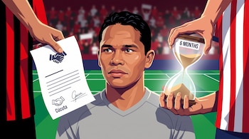 Ilustración de Carlos Bacca, con una mano que ofrece un contrato de Cúcuta y otra que sujeta un reloj de arena de seis meses de Junior.