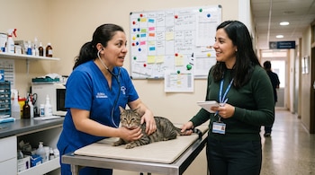 Una veterinaria de uniforme azul atiende a un gato sobre una mesa junto a una mujer que sostiene un cuaderno en una clínica.