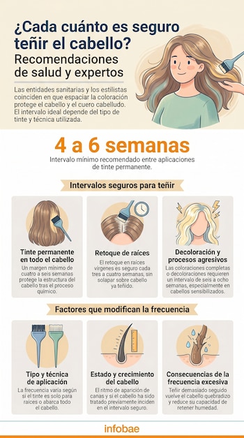 Infografía sobre la frecuencia segura para teñir el cabello, con ilustraciones de mujeres, brochas de tinte y diagramas sobre salud capilar.