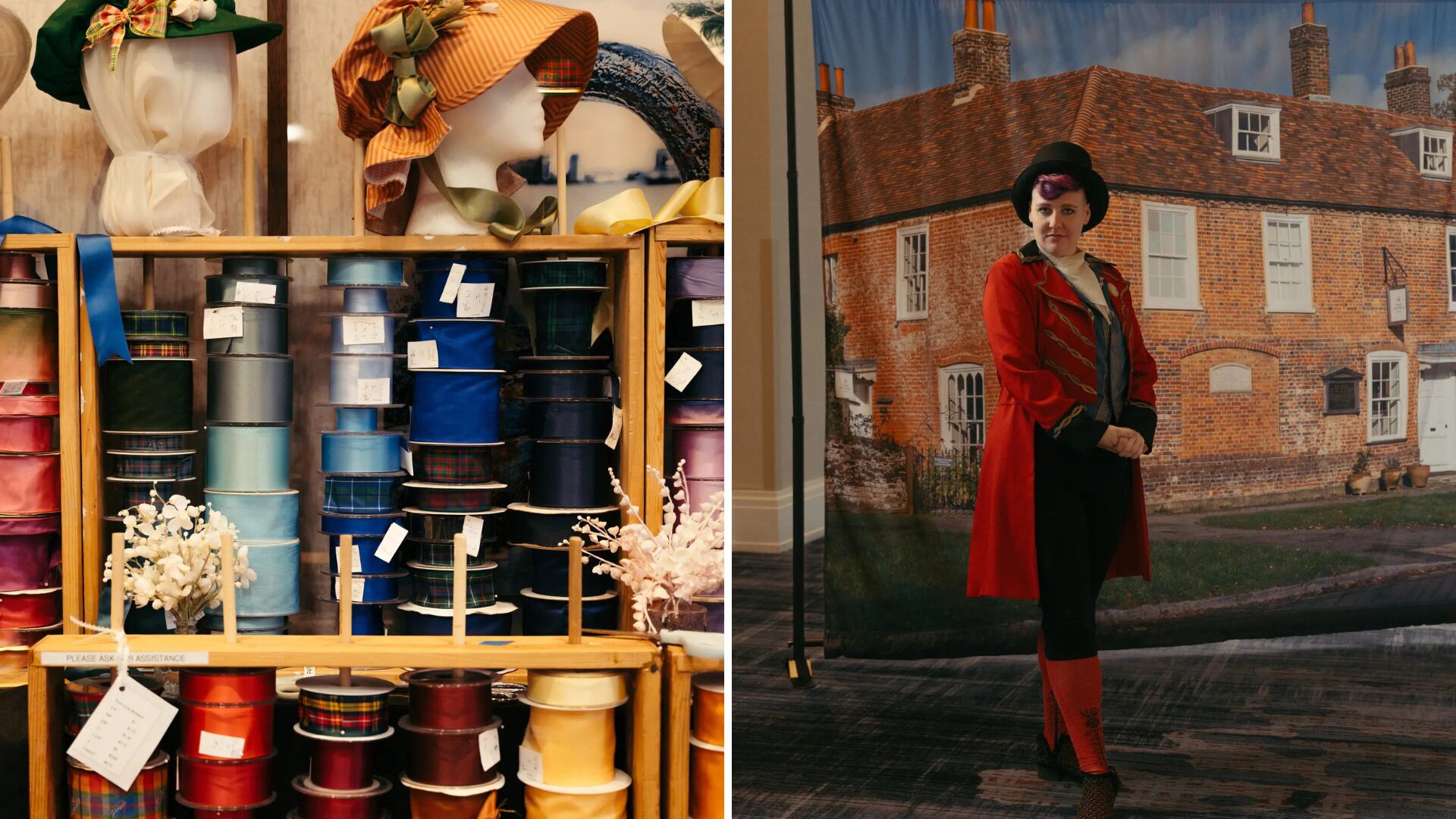 Las tiendas temporales ofrecían gorros, cintas y otros adornos. Aunque muchos asistentes vestían ropa de civil, algunos vistieron ropa Austen para el fin de semana (Crédito: Caroline Gutman / The New York Times)