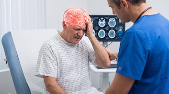 Un hombre en bata de hospital se lleva las manos a la cabeza con un cerebro iluminado en rojo; un médico lo mira y un monitor muestra escáneres cerebrales.