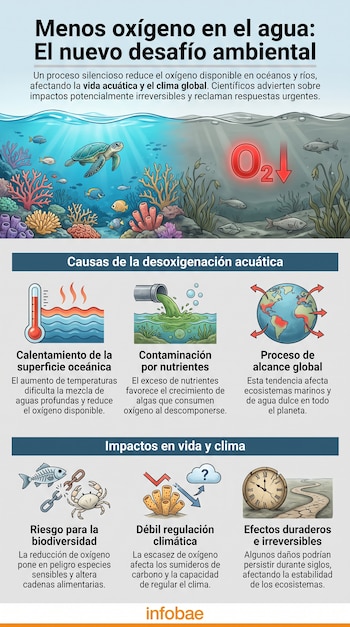 Infografía: ecosistema submarino con peces, tortuga y corales. Símbolo O2. Iconos de termómetro, tubería, globo, esqueleto, cangrejo, coral, nube y reloj.