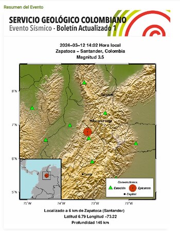 Sismo de 3,5 registrado en Zapatoca (Santander) - crédito Servicio Geológico Colombiano