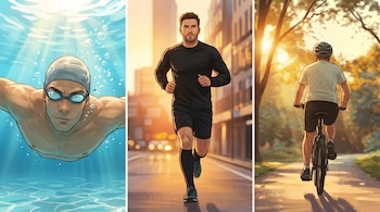 Ilustración de tres escenas: un nadador en el agua, un corredor en una calle de la ciudad y una persona en bicicleta en un parque arbolado.