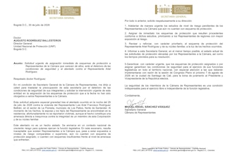 La Cámara de Representantes solicitó a la Unidad Nacional de Protección acelerar la asignación de esquemas de seguridad para congresistas que aún no cuentan con protección - crédito @SecreCamara/X