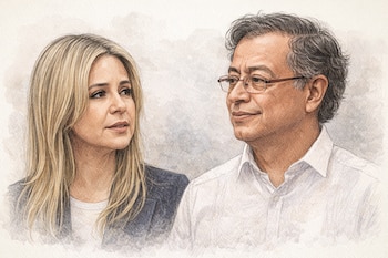 Dibujo estilo acuarela de Vicky Dávila, con cabello rubio y chaqueta oscura, y Gustavo Petro, con anteojos y camisa blanca, mirando en direcciones opuestas.