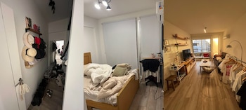 Apartamento moderno en tres vistas: recibidor con sombreros y zapatos, dormitorio con cama y ventana con persiana, sala de estar con TV, sofá y balcón exterior