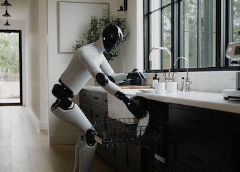 Un robot humanoide Figure AI blanco y negro carga un plato en un lavavajillas abierto en una cocina con encimeras de mármol y gabinetes oscuros