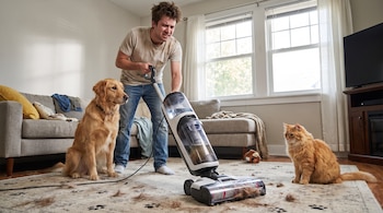 Hombre limpia alfombra con aspiradora junto a un perro golden retriever y un gato naranja. Pelo de animales visible en el suelo