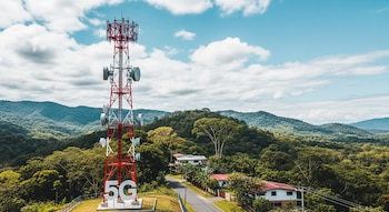Torre de telecomunicaciones roja y blanca con antenas parabólicas. Al pie de la torre, letras grandes blancas forman "5G". Bosque y casas al fondo.