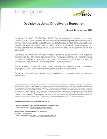 La licencia no remunerada que tenía efecto a partir del 28 de mayo de 2026 y por los siguientes 30 días calendario, como inicialmente fue revelada al mercado, iniciará una vez concluida la incapacidad y el periodo de vacaciones restante, es decir, el 27 de junio del presente año y se extenderá por los siguientes 30 días calendario - crédito @ECOPETROL_SA/X