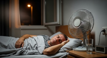 Hombre recostado en cama con sábanas grises, ventilador de mesa encendido, vaso con agua, despertador digital y ventana oscura con farola.