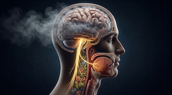 Corte transversal de un perfil humano que expone el cerebro rodeado de vapor, el nervio vago iluminado y microorganismos de la microbiota.