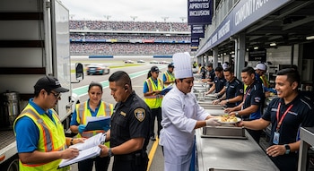 Trabajadores latinos en un circuito de carreras: logística, seguridad y chef. Un chef sirve comida. Otros revisan papeles. Coches en pista y tribunas con gente al fondo.