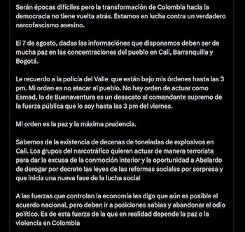 Petro aseguró que existirían explosivos en Cali y sostuvo que un estado de conmoción interior serviría para derogar por decreto las reformas sociales - crédito X