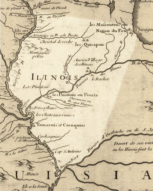 El río Illinois tal como se cartografió en 1718, el estado moderno de Illinois destacado (Wikimedia)