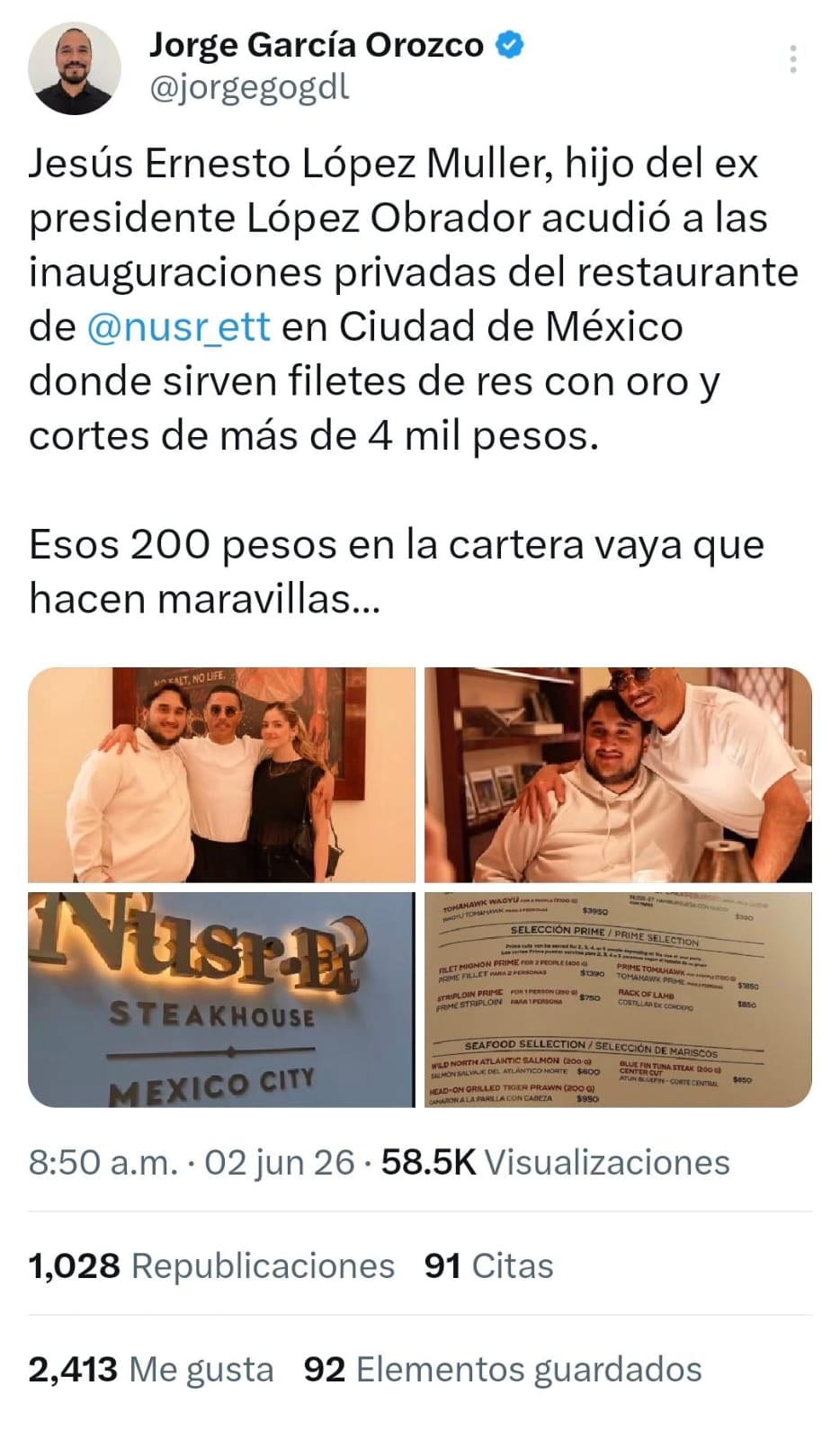 Jesús Ernesto López Muller, hijo del expresidente López Obrador, asiste a la inauguración privada del lujoso restaurante de Nusret Gökçe en la Ciudad de México. (X)
