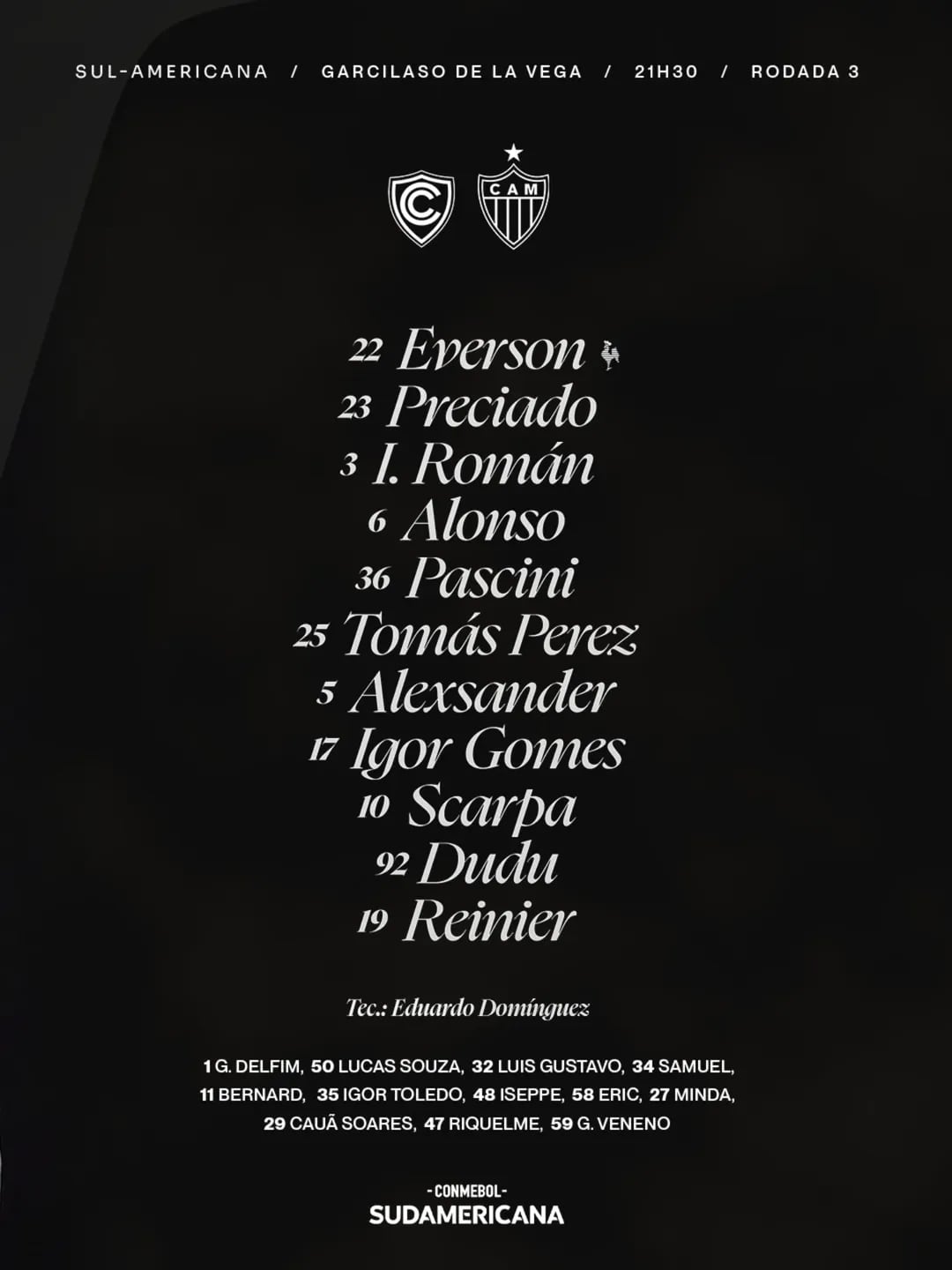 Once confirmado de Atlético Mineiro para enfrentarse a Cienciano en Cusco. Crédito: Instagram Atlético Mineiro.