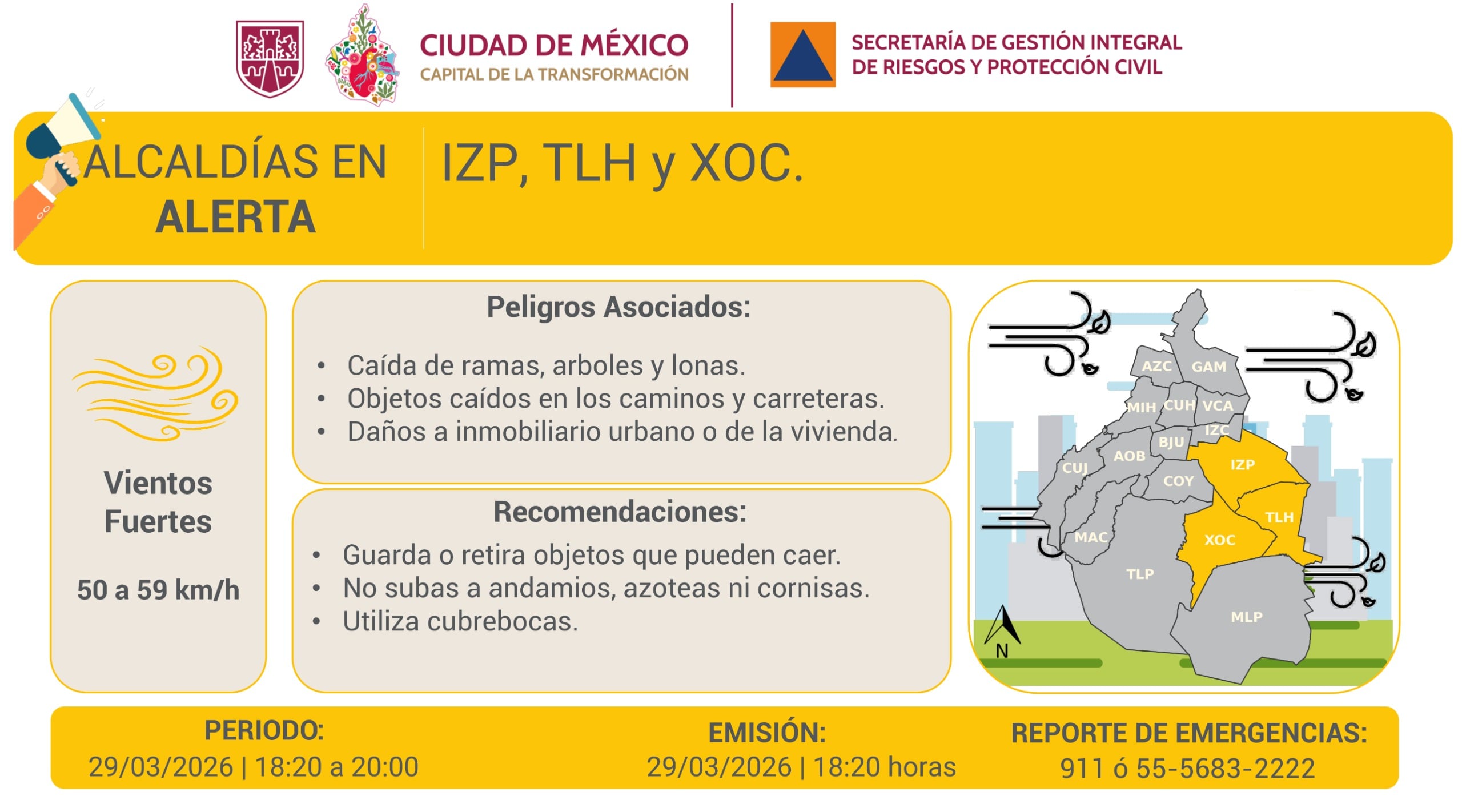Tres alcaldías de la CDMX esperan fuertes vientos por la tarde y noche de este domingo 29 de marzo. Foto: X/@SGIRPC_CDMX.
